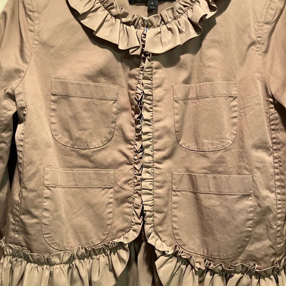 J Crew Tan Frill Peplum Crop Jacket with seersucker lining accents Size 6 - Picture 6 of 12
